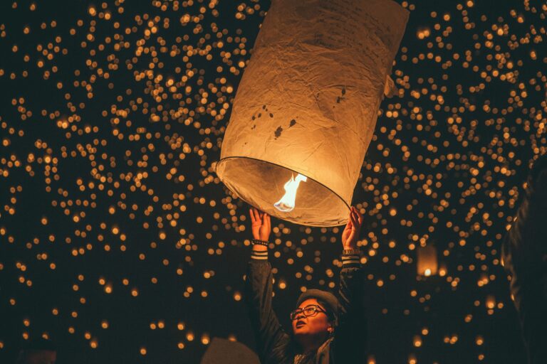 Chinese lantern festival, hundreds of lanterns rising in the night sky.